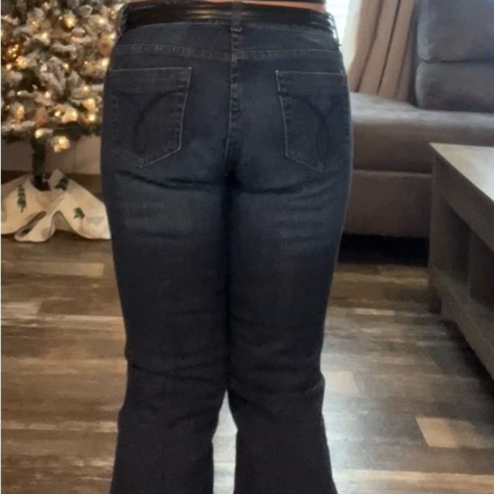 Dark blue denim straight leg jeans